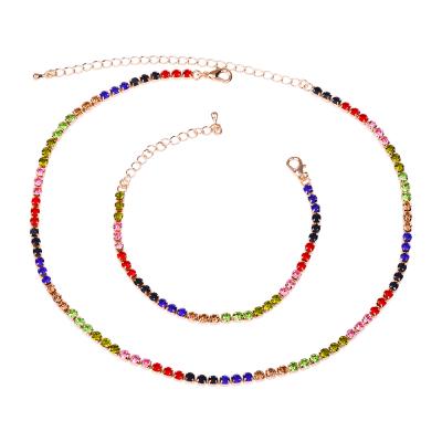 China FASHIONABLE Hot Sale 2Sets Shiny Crystal Rainbow Colorful Gold Plate Rhinestone Tennis Necklace Scarf With Bracelet For Ladies for sale