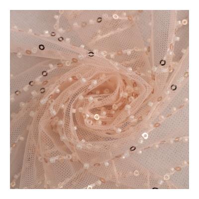 China Breathable Pure Viable Orange Net Stretch Sequins And Sequin Beads Decoration Tulle Embroidery Lace Fabric For Clothing for sale