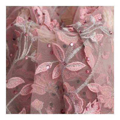 China New Products Hot Selling French Elastic 3D Tulle Embroidery Rhinestone Lace Flower Trim Fabric Elastic Collar With Dress for sale