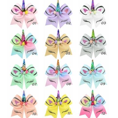 China ZQX284 Girl's Popular Unicorn Hair Bow Kids Rainbow Sequin Boutique Headbands Ponytail Hair Bows Rope Hair Accessories for sale