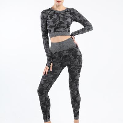 China Fashion Breathable Girls High Waist Fitness Camouflage Yoga Wear Long Sleeve Pants Gaiters Yoga Gym Set Quantity Copy for sale