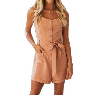 China 2021 New Women Ladies Summer Fashion Breathable Belted One-Piece Casual Short Overalls Button Solid Color Button for sale