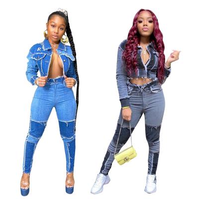 China 2021 Two Piece Set Women Patchwork Breathable Stretch Jeans Jackets for sale