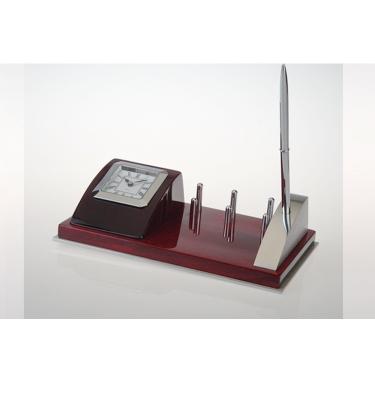 China Quartz wood wooden table clock with stand and pen name card holder A6002 for sale