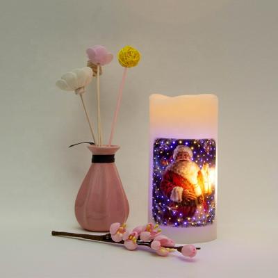 China Colorful Flame Christmas Pattern Paraffin Wax Fiber Optic LED Candle for sale