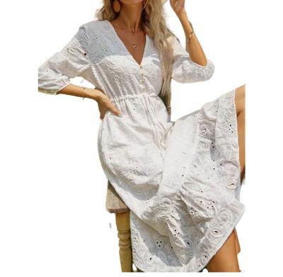 China Breathable Custom Women White V-Neck Short Ruffled Sleeve Midi Dress for sale