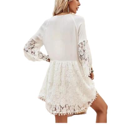 China New Design Breathable Custom Three Quarter Sleeves Hand Embroidery With Pom Pom Trimming Tunic Short Beach Wear for sale