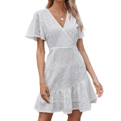 China Breathable Cheap Custom Made White Eyelet Embroidered Summer Fashion Lady Short Dress With High Waist for sale