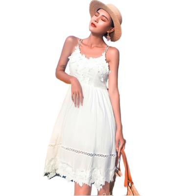 China 2021 Summer New Style Korean Lace V-Neck Fashion Solid Color Cotton Stitching Women's Breathable Dress for sale