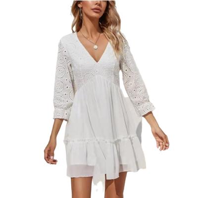 China New breathable Bohemian long-sleeved chiffon V-neck dress female ethnic lace fashion beach prickly hollow skirt for sale