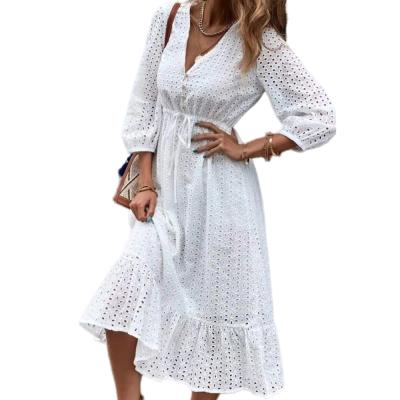 China White Half Sleeve Puff Cotton Button Lace Breathable One-Piece Skirt Down Dress Wholesale Embroidered Eyelet Dress for sale