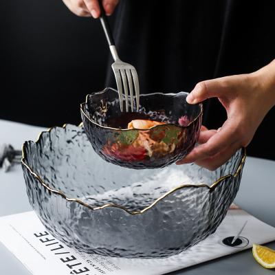 China Viable Transparent Glass Bowl Dessert Fruit Salad Dish Large Vegetable Bowl - 7 Edge Ash-Plated Gold Glass Salad for sale