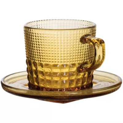 China Viable Sodium Calcium New Arrival 180ml/6oz Diamond Glass Coffee Mug Set Four With Cup Holder Amber for sale