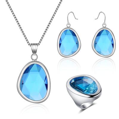 China Fashionable Simple Blue Crystal Necklace Earrings Rings Women Wedding Bridal Three Piece Jewelry Set for sale