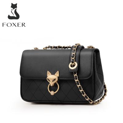 China Fashion Casual Girl's Street Black FOXER Cross - Body Bag Whip Large Capacity Simple Lady Messenger Simple Girl Black Chain Bags for sale