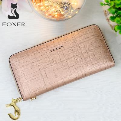 China FOXER Anti-theft Women Split Wallet Leather Bifold Clutch Bag with Wristband Card Holder Fashion Coin Purse Mobile Phone Bag Female Evening Clutch Bag for sale