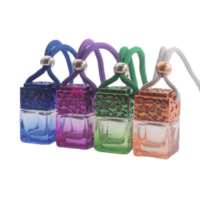 China Hanging Car Perfume Bottle , Square 6ml Colorful Glass Car Fragrance Bottles for sale