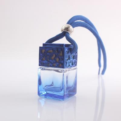 China Glass Clear Blue Car Perfume Empty Bottle With Colored Wooden Lid And String for sale