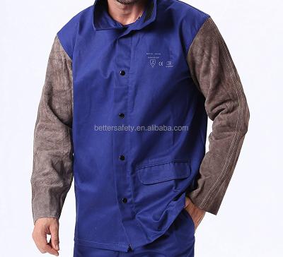 China FR Leather Flame Retardant Blue Cotton Sleeves Clothing And Whip Leather Welding Jacket for sale