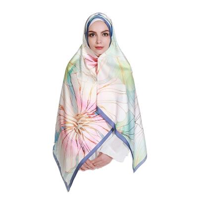 China Custom Soft Soft Feeling Print Flowers 140*140 OEM Printed Matte Silk Satin Scarf Women Hijab for sale