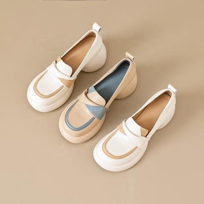 China Classic Style Waterproof Chunky Heels Thick Soled Female Shoes Round Toe Color Matching Women Flat Loafers Shoes for sale