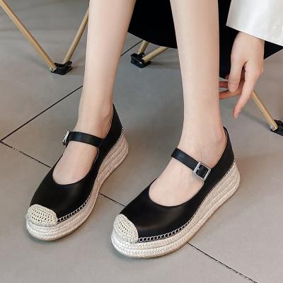 China New Design Fashion Round Flat Toe Thick Sole Mixed Color A Line Buckle Mary Jane Leather Flats For Women for sale