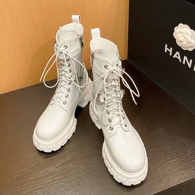 China China Factory Waterproof Custom Round Toe Tie Solid Cross Strap Belt Ladies Flat Boots Women Mid Heel Ankle Boots for sale