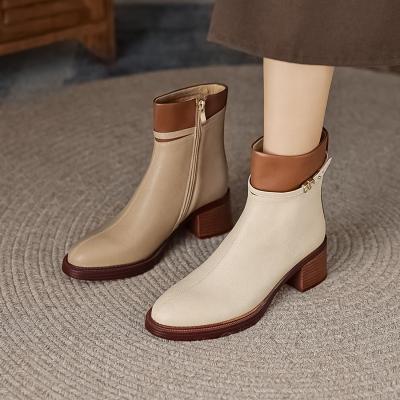 China Autumn And Winter Lady Warmly Waterproof Shoes Pointed Toe Square Chunky Heels Zipper Metal Buckle Women Ankle Shoes for sale