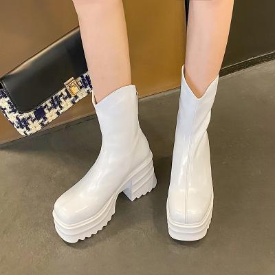 China 2023 Hot Selling Square Lady Waterproof Shoes Solid Zipper Toe Chunky Heels Thick Waterproof Table Up Women Ankle Boots for sale