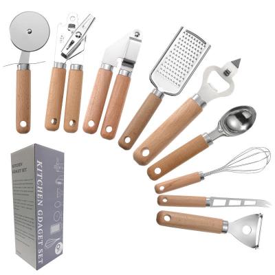 China Wholesale High Quality Viable 9 Piece Kitchen Tools Woodworking Utensil Kitchen Stainless Steel Handle Tool Kit with Wood Handle for sale