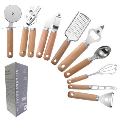 China Amazona Sustainable 2022 Shopping 9 Piece Wooden Handle Stainless Steel Kitchen Instrument Utensil Tool Kit for sale