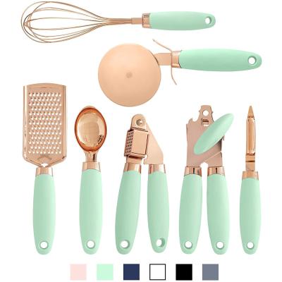 China Unique Viable Colors Available 7pcs Kitchen Wholesale 6 Instrument Tool Kit With Copper Plated Rose Gold Can Opener Grater Coated Beater for sale