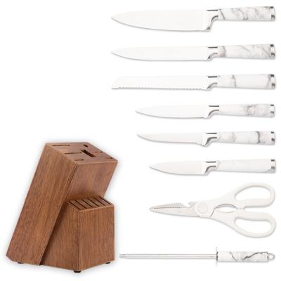 China Sustainable Wooden Blocks Marbled Handle Knives Multifunctional Stainless Steels Hollow Handle Knife Sets for sale