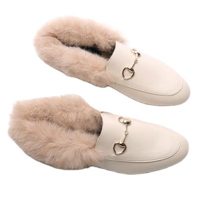 China Fashion Trend Black PU Loafer Flat Mules Around Toe Rabbit Fur Slippers For Women Shoes for sale