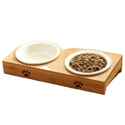 China Sustainable Bamboo pet dining table 2023 hot sale new pet drinking water feeding ceramic bowl pet feeding bowl for sale