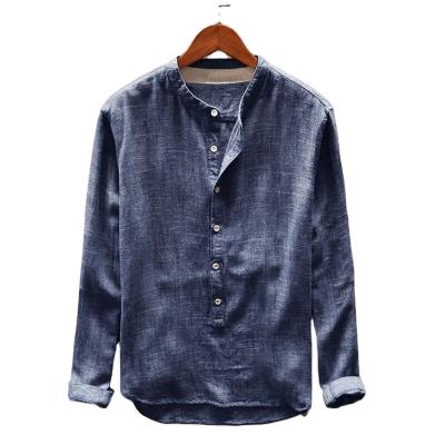 China New Solid Color Mens Cotton Linen Shirt High Quality Pure Handsome Loose Long Sleeve Shirt for sale