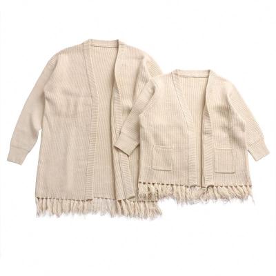 China Autumn Eco-Friendly Women Knit Sweater Coat White Full Tassels Sweater Cardigan Loose Long Sleeve Two Pockets Mommy And Me for sale