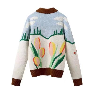 China Women's Autumn Vintage French Style Sunshine Print Sweater Chic Lady Fashion Single Breasted Short Knitted Anti-Wrinkle Loose Cardigans for sale