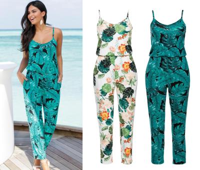 China Factory Hot Selling Green V-Neckline Anti-wrinkle Printed Bottoming Casual Beach Women Jumpsuit for sale