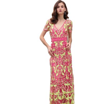 China 2022 Breathable Long Floral Dress Evening Party Dress With Elegant V-neck Embroidery for sale