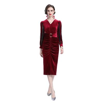 China Breathable Black Lace Velvet Slit Length Dress Imported V-Neck Velvet Long Sleeve Slim Fit Evening Dress for sale