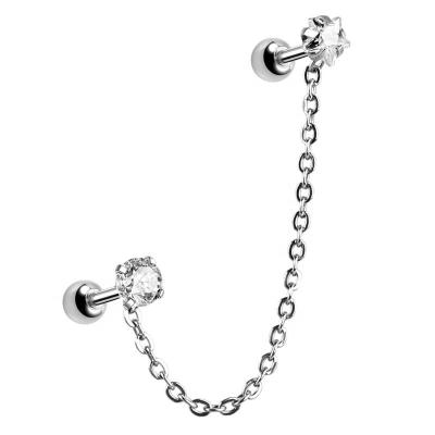 China Stainless Steel TRENDY Fashion Ear Cartilage Piercing Chain Tragus With Fork Set Round And Star CZ Stone for sale