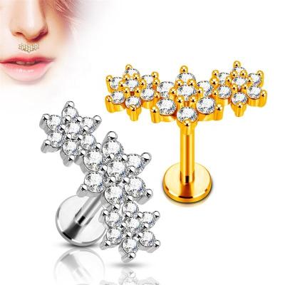 China Cute Labret Lip Fashion Jewelry Triple Piercing CZ Flower Internally Threaded Labret Ear Cartilage Wholesale for sale