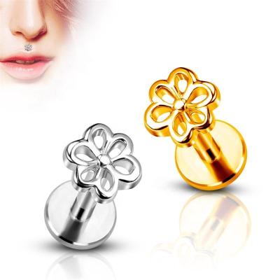 China FASHIONABLE best selling stainless steel labret gold plated internally threaded labret stud with flower top for sale