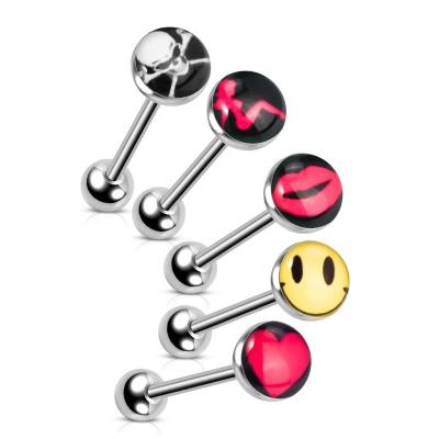 China Factory Price FASHIONABLE Custom Tongue Jewelry Stainless Steel Piercing 16g Straight Barbell With Epoxy Covered Logo for sale