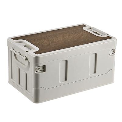 China Viable Custom Plastic Folding Cloth Container Box Organizer Folded With Wooden Lid Camping Storage Box for sale