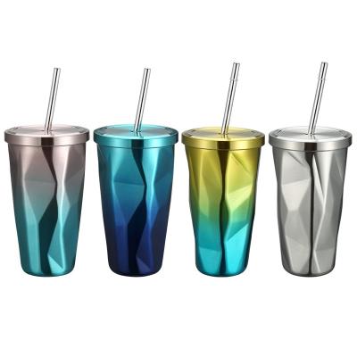 China Creative Diamond Drinking Coffee Mugs Travel Disposable Stainless Steel Cup With Straw And Leakproof Lid for sale