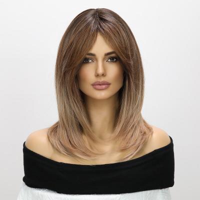 China European and American fashion natural wave wigs, brown gradient curly hair, bangs, women's wigs for sale