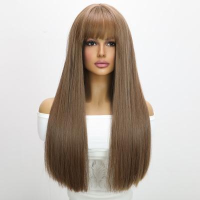 China Fashion straight popular wigs in Europe and America, long brown straight hair with bangs and headband high temperature silk wigs for sale