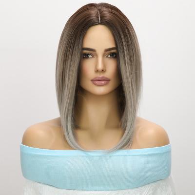 China Fashion straight popular wigs in Europe and America, gray gradient split cover high temperature silk main wig for sale